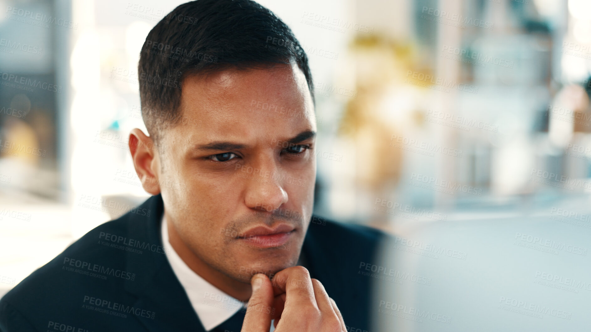 Buy stock photo Business, man and reading with computer in office for research, finance report and review policy. Thinking, male person and agent with pc for financial inquiry, risk assessment and insurance benefits