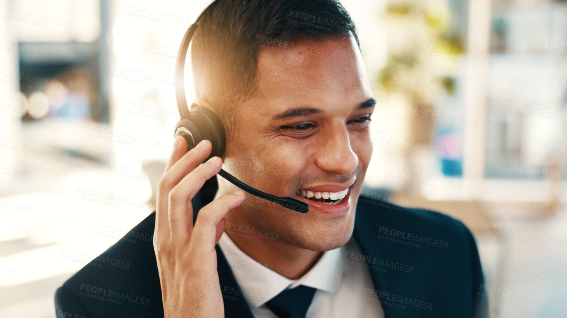 Buy stock photo Call center, friendly or man in office with headset, contact us or investment advice in crm service. Assistance, flare or finance consultant with mic, online banking or feedback in loan support.