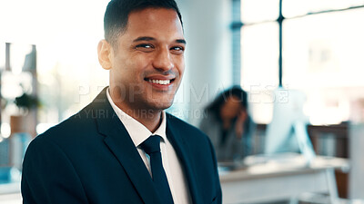 Buy stock photo Portrait, business and man with smile in office for career pride, about us and real estate agent. Happy, male person and coworking with ambition, realtor and positive attitude for property auction