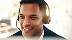 Call center, happy or man in office with headset, contact us or investment advice in crm service. Assistance, smile or finance consultant in firm with mic, online banking or feedback in loan support.