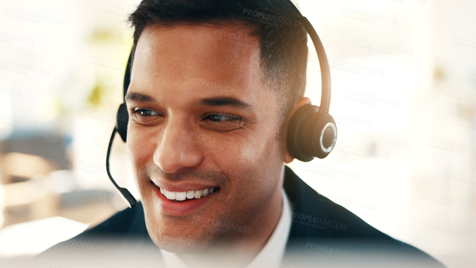 Buy stock photo Call center, happy or man in office with headset, contact us or investment advice in crm service. Assistance, smile or finance consultant in firm with mic, online banking or feedback in loan support.