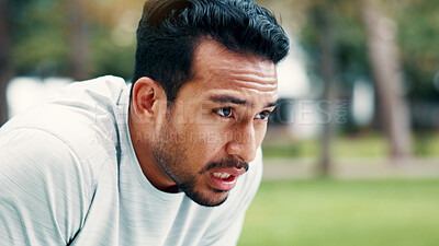 Buy stock photo Man, tired and sweat for fitness at park on break, thinking and exhausted with training in summer. Person, runner and outdoor for exercise, cardio challenge and perspective for wellness in nature