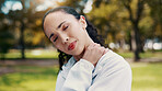 Woman, neck pain and fitness with injury in park for workout accident, mistake or strain. Active, female person or sore ache with discomfort for muscle tension, fibromyalgia or inflammation in nature