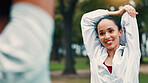 Stretching, woman and personal trainer in park with client, smile and beginning training for fitness. Happy, coach and people outdoor with warm up, wellness and getting ready for exercise together.