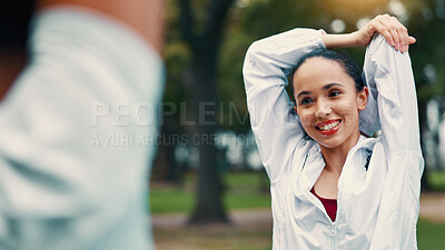 Buy stock photo Stretching, woman and personal trainer in park with client, smile and beginning training for fitness. Happy, coach and people outdoor with warm up, wellness and getting ready for exercise together.
