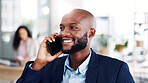 Phone call, smile and businessman talking in office, investment opportunity and acquisition proposal. Negotiation, finance deal and investor with mobile for networking, venture and contract details