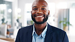 Office, portrait and businessman with ambition, happy and real estate agent with career development. Corporate, realtor and black person with investment opportunity, smile or business growth in Kenya