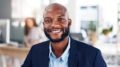 Buy stock photo Office, portrait and businessman with smile, ambition and real estate agent with career development. Corporate, realtor and person with investment opportunity, happy and pride for business growth