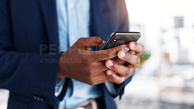 Buy stock photo Phone, message and hands in office with connection, agenda change and online conversation for project. Business, man and employee with tech, schedule review and communication on report update.