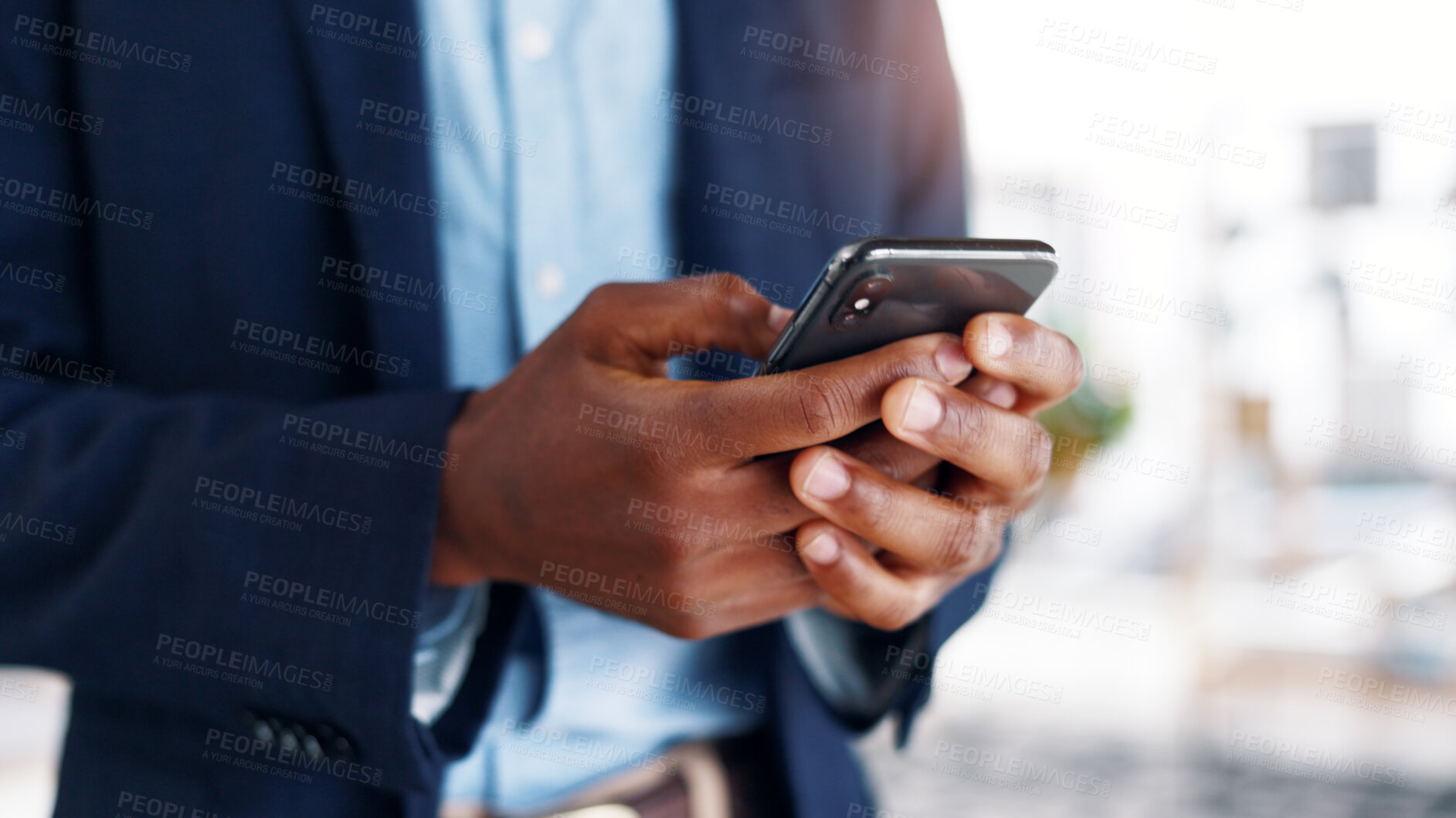 Buy stock photo Phone, message and hands in office with connection, agenda change and online conversation for project. Business, man and employee with tech, schedule review and communication on report update.