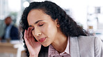 Business, headache and woman in workplace, pain and pressure for stock market crash, tired or exhausted. Person, burnout and broker in office, migraine and stress for company audit and fatigue