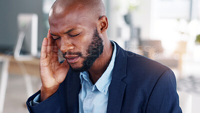 Buy stock photo Business, headache and black man in workplace, tension for stock market crash and fatigue. African person, burnout and financial advisor in office, migraine or pressure for company audit or exhausted