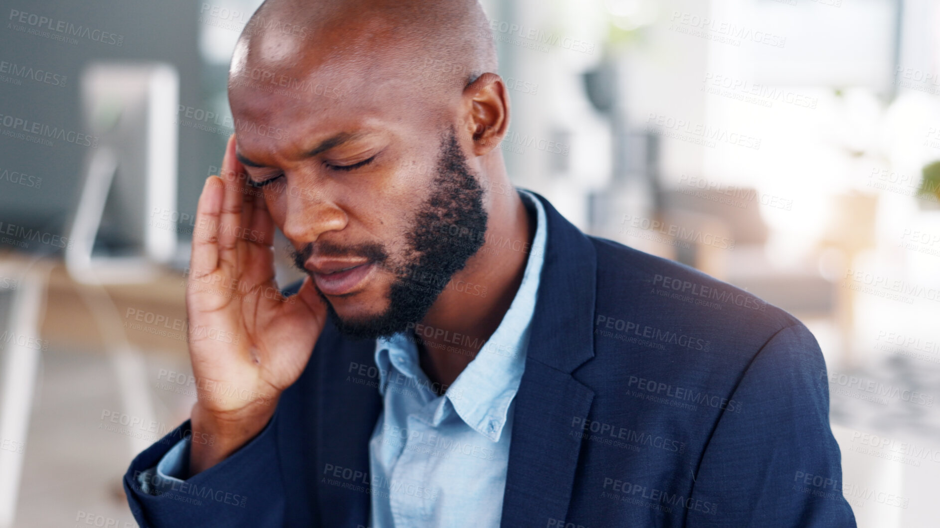 Buy stock photo Business, headache and black man in workplace, tension for stock market crash and fatigue. African person, burnout and financial advisor in office, migraine or pressure for company audit or exhausted