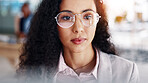 Glasses, reading and business woman in office for finance proposal, budget and project funding. Professional, eyewear and person online for planning, financial review and research for company growth