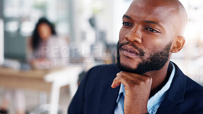 Buy stock photo Business, thinking and man in office, financial advisor and planning for investment deal, choice and solution. Person, opportunity or broker in workplace, reflection and decision for trading option