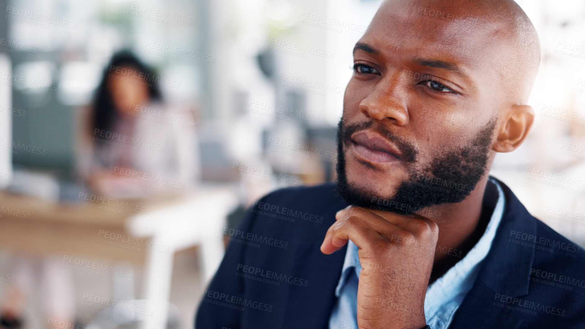 Buy stock photo Business, thinking and man in office, financial advisor and planning for investment deal, choice and solution. Person, opportunity or broker in workplace, reflection and decision for trading option