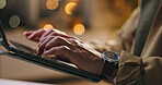 Review, night or hands in office with laptop, draft edit or fact checking for article update. Bokeh, man or journalist in newsroom with tech, column planning or industry research in overtime.