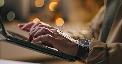 Buy stock photo Review, night or hands in office with laptop, draft edit or fact checking for article update. Bokeh, man or journalist in newsroom with tech, column planning or industry research in overtime.