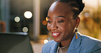 Creative, reading and happy woman with laptop in business, working late and journalist with article. Newsroom, deadline and black person with smile for story, online or publishing with tech at night