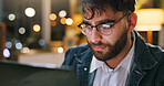 Night, glasses or man in office with laptop, draft edit or fact checking in article review. Bokeh, specs or journalist in newsroom with technology, proofreading or industry research in overtime.