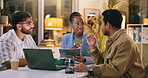 Night, review or people in office with laptop, draft feedback or proposal of article idea. Collaboration, document or journalists in agency with tech, report planning or column insight in overtime.
