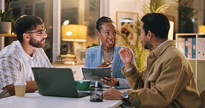 Buy stock photo Night, review or people in office with laptop, draft feedback or proposal of article idea. Collaboration, document or journalists in agency with tech, report planning or column insight in overtime.