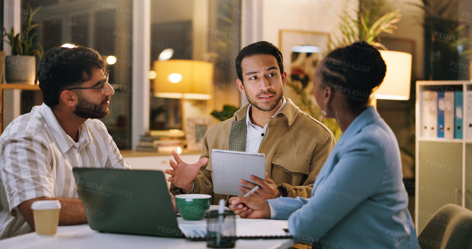 Buy stock photo Night, brainstorming or people in office with tablet, draft feedback or proposal of article idea. Collaboration, problem solving or journalist with tech, report planning or column insight in overtime