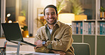 Creative, laptop and happy man with arms crossed in business, portrait or writer with pride at night. Newsroom, deadline and person with smile for career growth, publishing and working late with tech