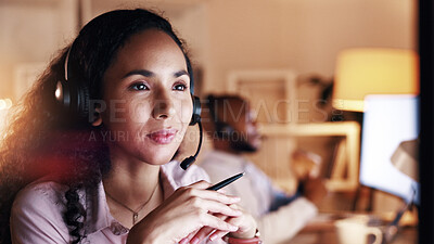 Buy stock photo Woman, night and consultant thinking with headset in office for customer service or solution. Thoughtful, female person or agent working late with mic for online advice, virtual assistance or help