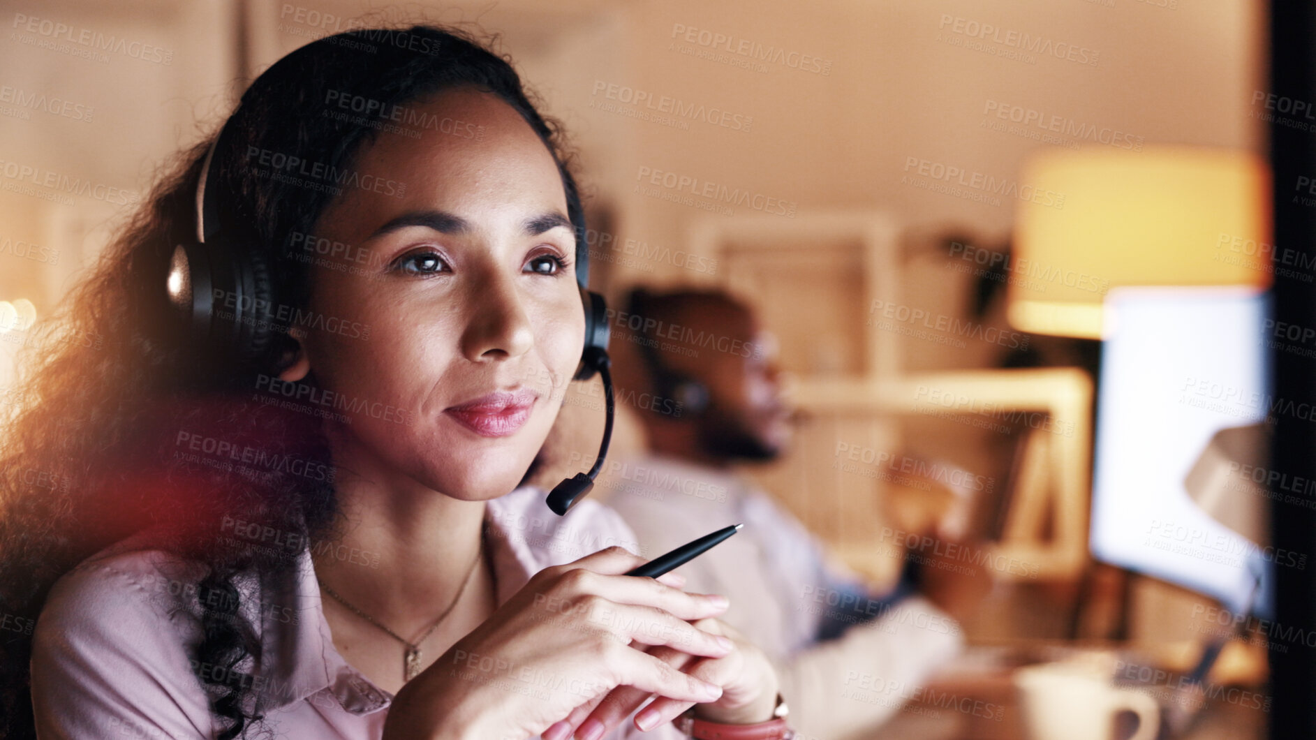 Buy stock photo Woman, night and consultant thinking with headset in office for customer service or solution. Thoughtful, female person or agent working late with mic for online advice, virtual assistance or help