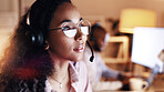 Woman, headset and callcenter at night with reading, customer service and communication. Late, help desk assistance or female telecom agent in coworking office for support and review ideas for advice
