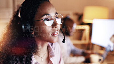 Buy stock photo Woman, headset and callcenter at night with reading, customer service and communication. Late, help desk assistance or female telecom agent in coworking office for support and review ideas for advice