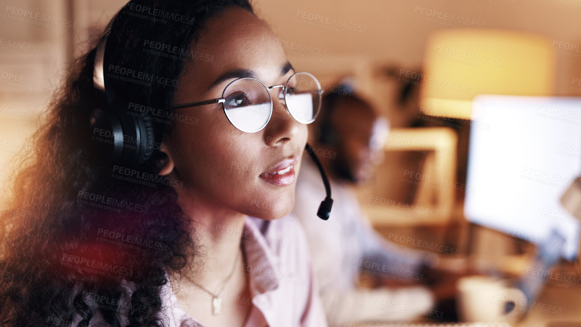 Buy stock photo Woman, headset and callcenter at night with reading, customer service and communication. Late, help desk assistance or female telecom agent in coworking office for support and review ideas for advice