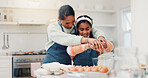 Baking, eggs and mother teaching daughter in kitchen of home for child development or growth. Helping, ingredients and recipe with girl learning how to bake in apartment for cooking or family time