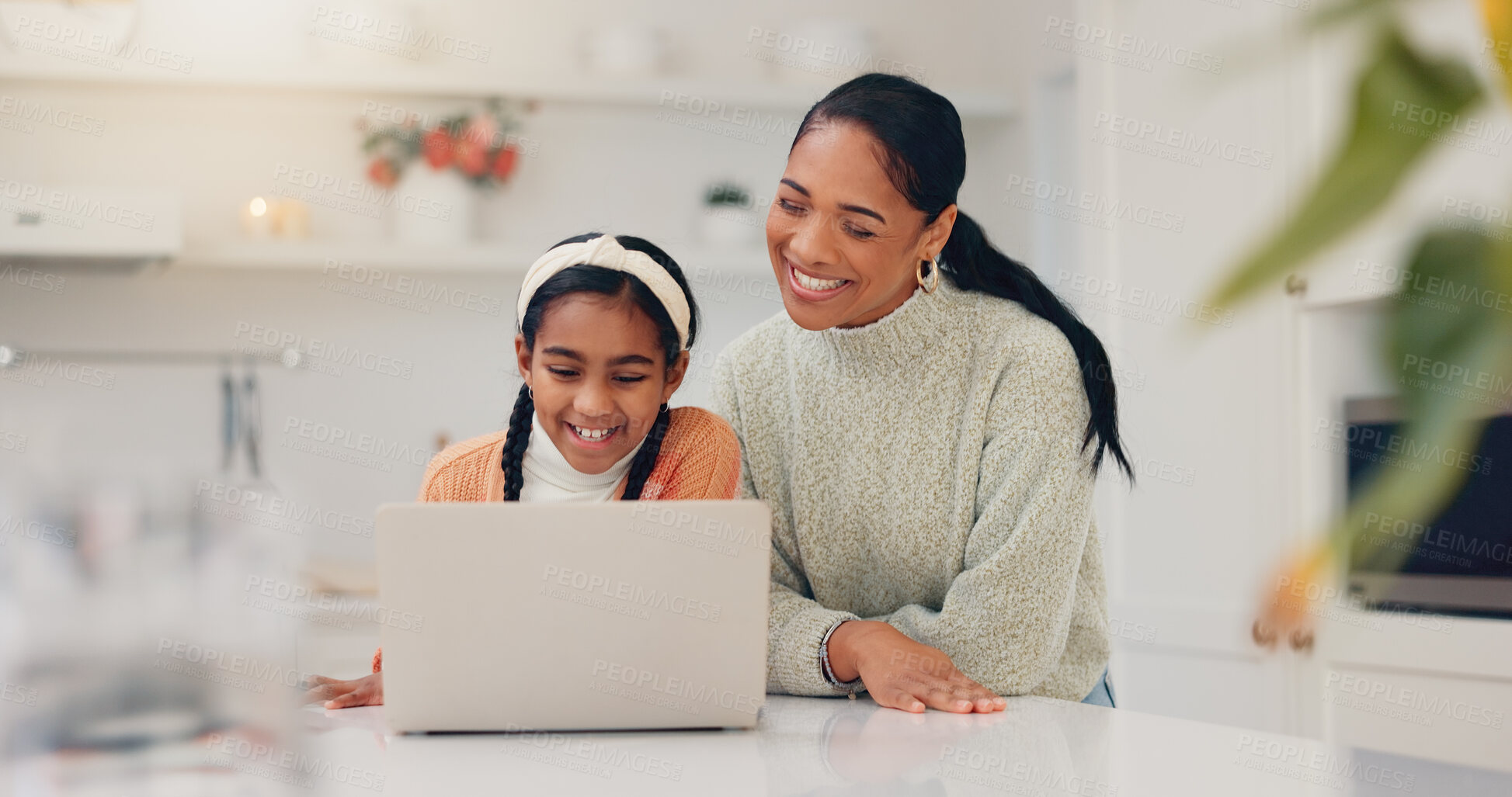 Buy stock photo Laptop, happy and mother with child for elearning in home for education, knowledge or development. Smile, computer and mom helping girl kid with online class, virtual lesson or growth in house.