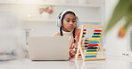 Headphones, abacus and child with laptop in home for elearning, virtual class or math lesson. Computer, audio tech and girl kid with online education for counting with calculator tool in house.