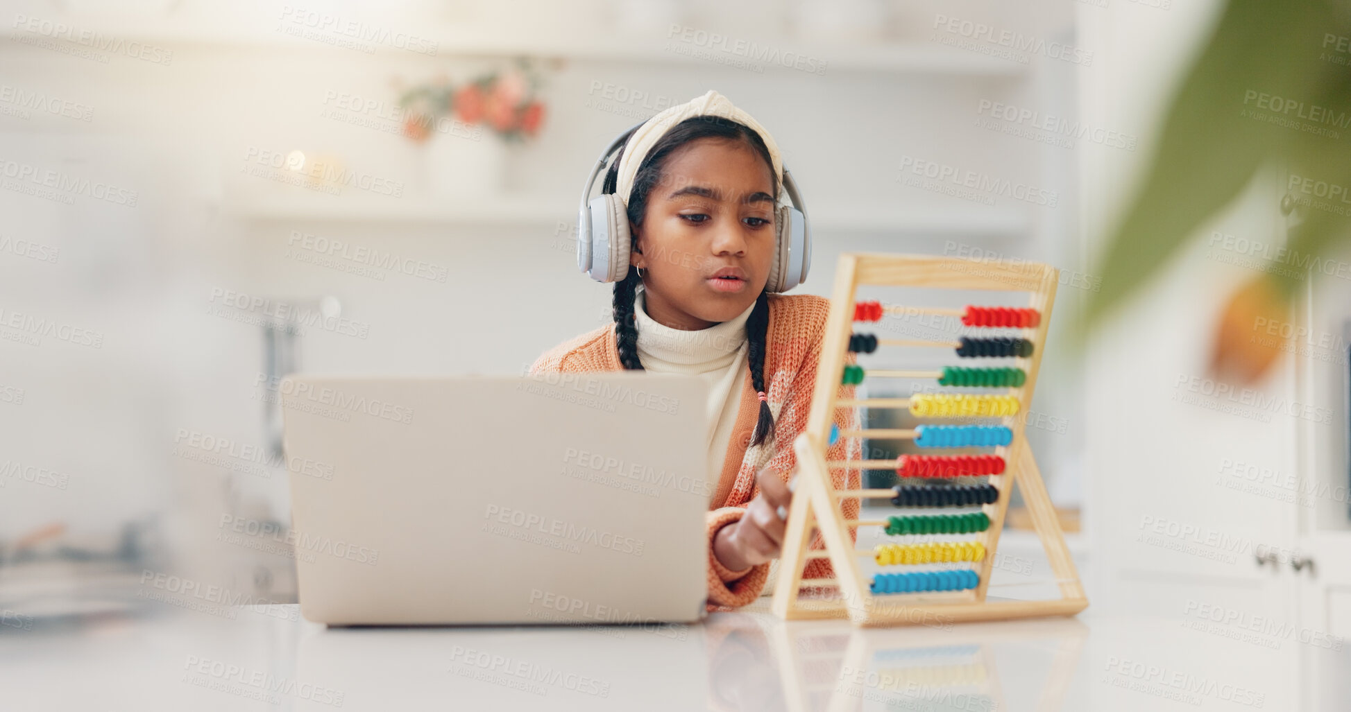 Buy stock photo Headphones, abacus and child with laptop in home for elearning, virtual class or math lesson. Computer, audio tech and girl kid with online education for counting with calculator tool in house.