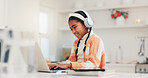 Headphones, typing and child with laptop in home for elearning, virtual class or math lesson. Computer, audio tech and girl kid with online education for school project, assignment or studying.