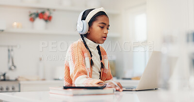 Buy stock photo Headphones, reading and child with laptop in home for elearning, virtual class or math lesson. Computer, audio tech and girl kid with online education for school project, assignment or studying.