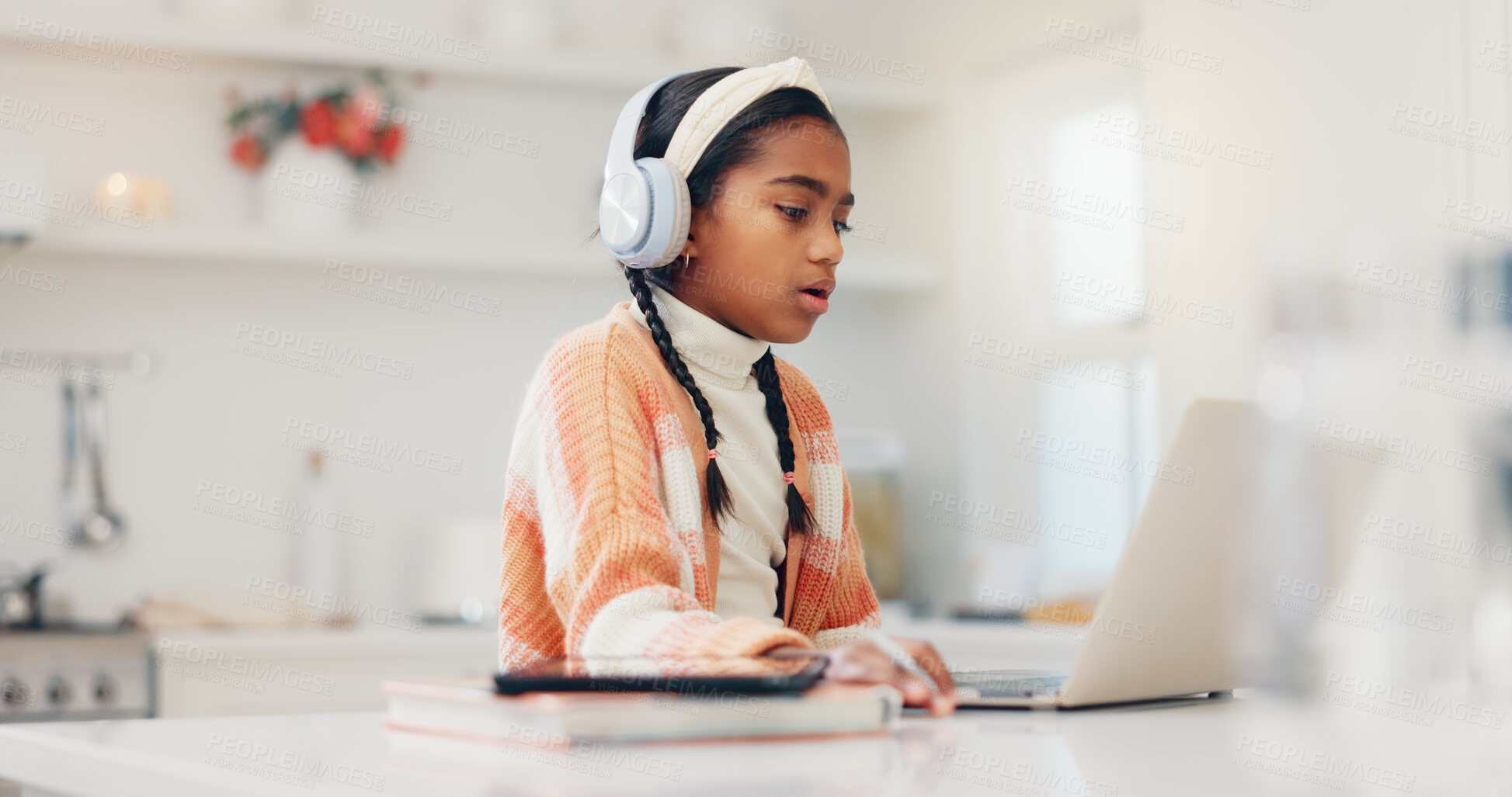 Buy stock photo Headphones, reading and child with laptop in home for elearning, virtual class or math lesson. Computer, audio tech and girl kid with online education for school project, assignment or studying.