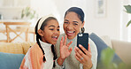 Home, child and happy woman with smartphone for video call, bonding or communication on social media. Mom, wave and girl with smile for digital chat, online and conversation with mobile app in house