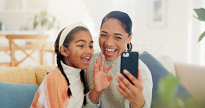 Buy stock photo Home, child and happy woman with smartphone for video call, bonding or communication on social media. Mom, wave and girl with smile for digital chat, online and conversation with mobile app in house