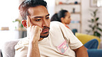 Man, couple and conflict in home with ignoring, anger or tension with marriage problem. Male person, partner and risk of divorce with relationship dispute, infidelity or separation thoughts at house