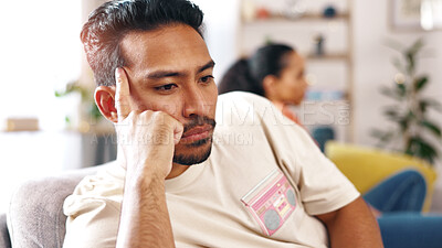 Buy stock photo Man, couple and conflict in home with ignoring, anger or tension with marriage problem. Male person, partner and risk of divorce with relationship dispute, infidelity or separation thoughts at house