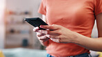 Woman, hands and home with phone for social media, network connection or online app subscription. Female person, user or blogger with mobile smartphone for chatting, texting platform or vlog in house