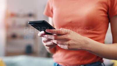 Buy stock photo Woman, hands and home with phone for social media, network connection or online app subscription. Female person, user or blogger with mobile smartphone for chatting, texting platform or vlog in house
