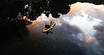 Above, father and child on river with kayak ride, adventure or bonding together for holiday activity. Space, man and daughter canoeing in lake with outdoor exploration, travel and tourist vacation.