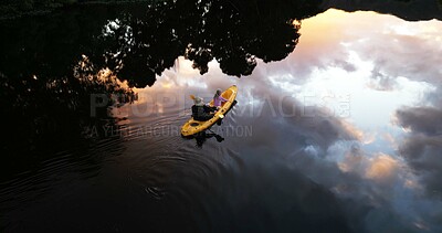 Buy stock photo Above, father and child on river with kayak ride, adventure or bonding together for holiday activity. Space, man and daughter canoeing in lake with outdoor exploration, travel and tourist vacation.