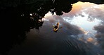 Above, father and daughter in lake with kayak ride, adventure or bonding together for holiday activity. Space, man and child canoeing in river with outdoor exploration, travel and family vacation.