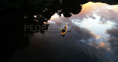 Buy stock photo Above, father and daughter in lake with kayak ride, adventure or bonding together for holiday activity. Space, man and child canoeing in river with outdoor exploration, travel and family vacation.